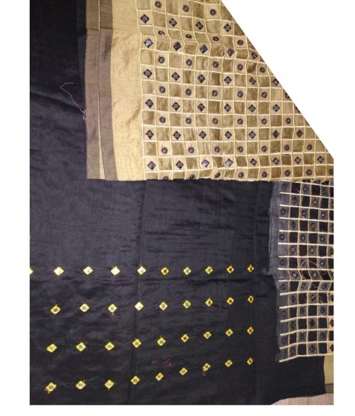 Black &amp; Cream Cotton Silk Cut Work Saree